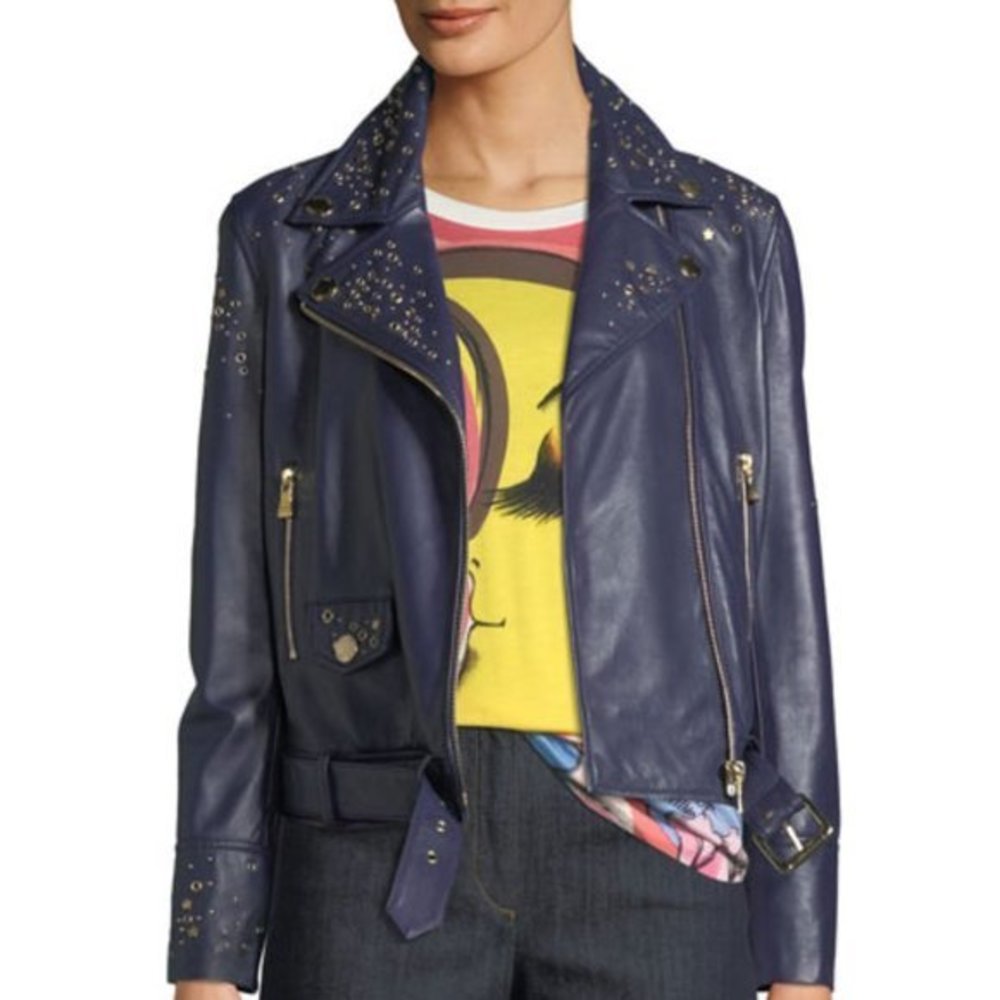 Boutique Moschino Motorcycle Studded Gold‎ Star Zip Leather jacket Medium
